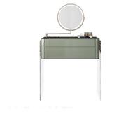 KOHUS Specchio cosmetico con luci e set da tavolo in vetro temperato visibile, piedini trasparenti in acrilico con cassetto girevole dimmerabile specchio luminoso con specchio e sgabello (D)
