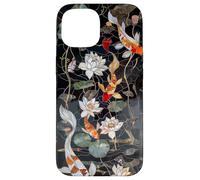 Koi Carp Fish Lotus Flowers Floral Stained Art Deco Nero Custodia per iPhone 15