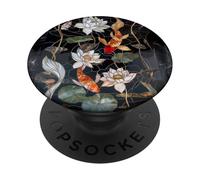 Koi Carp Fish Lotus Flowers Floral Stained Art Deco Nero PopSockets PopGrip Adesivo