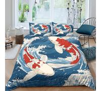 Koi fish artSet Di Copripiumino morbida 3 pezzi motivo 3D con cerniera Japanese wave style copripiumino con federa soffice ultra morbido e traspirante for bambini adulti ragazzi King（220x240cm）