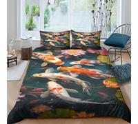 Koi fish pondSet Di Copripiumino morbida 3 pezzi motivo 3D con cerniera Nature garden art copripiumino incluso federe aiosa ultra morbido e traspirante for bambini adulti ragazzi Single（135x200cm）