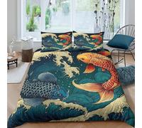 Koi fishSet Di Copripiumino ultra microfibra 3 Pezzi stampa 3D con cerniera Japanese wave art style copripiumino con federe traspirante ultra morbido for ragazze Super king（260x220cm）