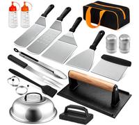 KOIUEYW Set di Posate per Barbecue Con Pressa e Campana per Hamburger, Spatola in Acciaio Inox, Accessori Plancha