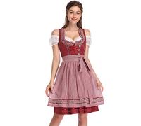 KOJOOIN Abito Donna Dirndl Bavaria Oktoberfest Set 3 Pezzi Camicia e Grembiule Dirndl Manica Corta Grembiule Bavarese Oktoberfest Cameriera Abiti da Festa Punto Rosso Vino M