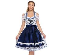 KOJOOIN, Abito tradizionale Dirndl da donna, di lunghezza media, composto da 3 pezzi (vestito, camicetta e grembiule), adatto come costume per l'Oktoberfest, blu navy con motivo floreale, L