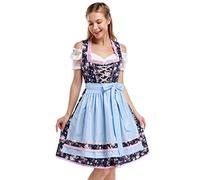 KOJOOIN, Abito tradizionale Dirndl da donna, di media lunghezza, composto da 3 pezzi (vestito, camicetta e grembiule), adatto come costume per l'Oktoberfest, azzurro con motivo floreale, M