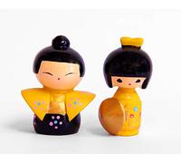 Kokeshi 7D-8257 - Coppia di bambole giapponesi gialle (altezza 4 cm)