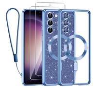 Kokio Magnetica per Samsung Galaxy S23 5G Cover Glitter,Con 2 * Vetro Temperato e 1* Cordini,Compatibile con MagSafe,Glitterata Custodia per Womem Girl,Con Protezione dell Obiettivo Fotocamera,Blu