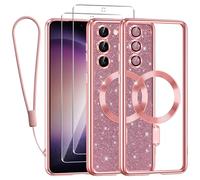 Kokio Magnetica per Samsung Galaxy S23 5G Cover Glitter,Con 2 * Vetro Temperato e 1* Cordini,Compatibile con MagSafe,Glitterata Custodia per Womem Girl,Con Protezione dell Obiettivo Fotocamera,Rosa
