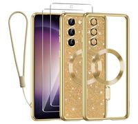 Kokio Magnetica per Samsung Galaxy S23 5G Cover Glitter,Con 2 * Vetro Temperato e 1* Cordini,Compatibile con MagSafe,Glitterata Custodia per Womem Girl,Con Protezione dell Obiettivo Fotocamera,Oro