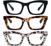 KoKoBin 3 Pack Occhiali da lettura per donna, occhiali da computer oversize alla moda con dalla luce blu e cerniera a molla (Nero/Marrone leopardata/Grigio leopardata, 3, x)