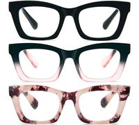 KoKoBin 3 Pack Occhiali da lettura per donna, occhiali da computer oversize alla moda con dalla luce blu e cerniera a molla (Nero/Nero Rosa/Rosa leopardata, 1.5, x)