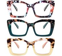 KoKoBin 3 Pack Occhiali da lettura quadrati da donna Oversized con cerniere a molla per computer (blu Leopard/Iridescente/verde Leopardo, 3.5, Diottria)