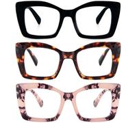 KoKoBin 3 Pack Occhiali da lettura quadrati da donna Oversized con cerniere a molla per computer (Nero/Marrone Leopardo/Rosa Leopardo, 2, Diottria)