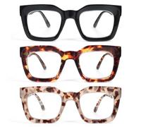 KoKoBin Confezione da 3 occhiali da lettura da donna con montatura spessa, occhiali alla moda con dalla luce blu e cerniera a molla (Nero, leopardata marrone, leopardata grigio, 1)