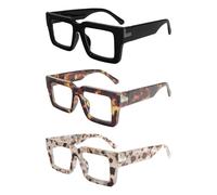 KoKoBin Confezione da 3 occhiali da lettura in stile Oprah per donna e uomo, occhiali con filtro luce blu, montatura quadrata elegante con cerniera a molla (Nero/leopardata/grigio leopardata, 2, x)
