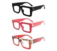 KoKoBin Confezione da 3 occhiali da lettura in stile per donna e uomo, occhiali con filtro luce blu, montatura quadrata elegante con cerniera a molla (Nero/Stampa leopardata/Rosso, 2.5, x)