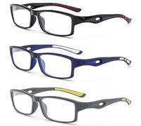 KoKoBin confezione da 3 occhiali da lettura rettangolari design sportivo TR90 flessibile anti luce blu aiuto alla lettura signore per uomini (2, Confezione da 3 (nero blu grigio))