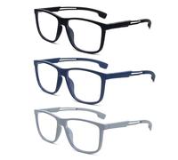 KoKoBin Occhiali da lettura alla moda per uomini e donne, ultra leggeri e flessibili con lettori anti luce blu e cerniera a molla (3 Pack（Nero, Blu, Grigio）, 3, Diottria)