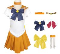 Kolegrial Adulto Sailor V Costume Uomo e Donna Cosplay Anime Sailor Venus Aino Minako Uniforme con Accessori Set 6 Pezzi per Natale Carnevale Halloween Festa Compleanno Mascherata Fancy Costume