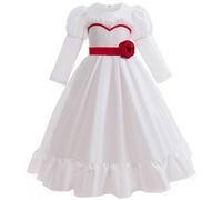 Kolegrial Bambina Annabelle Costume Cosplay Horror Doll Annabelle Gotico Vintage Bianco Maniche lunghe Vestito da Sera e Parrucca per Carnevale Halloween Festa Mascherata Abito da Ballo, 3-10 anni