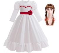 Kolegrial Bambina Annabelle Costume Cosplay Horror Doll Annabelle Gotico Vintage Bianco Maniche lunghe Vestito da Sera e Parrucca per Carnevale Halloween Festa Mascherata Abito da Ballo, 3-10 anni