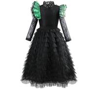 Kolegrial Bambina Elphaba Costume con Mantello Cosplay Wicked Strega Elphaba Nero Lungo Volant Tulle Vestito per Carnevale Halloween Festa Mascherata Teatro Performance Costume, 5-12 anni
