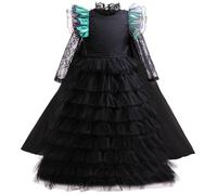 Kolegrial Bambina Elphaba Costume con Mantello Cosplay Wicked Strega Elphaba Nero Lungo Volant Tulle Vestito e Cappello per Carnevale Halloween Festa Mascherata Teatro Performance Costume, 5-12 anni