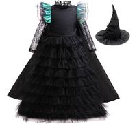Kolegrial Bambina Elphaba Costume con Mantello Cosplay Wicked Strega Elphaba Nero Lungo Volant Tulle Vestito e Cappello per Carnevale Halloween Festa Mascherata Teatro Performance Costume, 5-12 anni