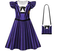 Kolegrial Bambina Enid Sinclair Costume Cosplay Season 2 Nevermore Academy Wolf Girl Enid Sinclair Viola Stampa Vestito e Borsa per Bambino Carnevale Halloween Party Abito da Ballo, 3-8 Anni