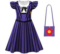 Kolegrial Bambina Enid Sinclair Costume Cosplay Season 2 Nevermore Academy Wolf Girl Enid Sinclair Viola Stampa Vestito e Borsa per Bambino Carnevale Halloween Party Abito da Ballo, 3-8 Anni