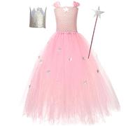 Kolegrial Bambina Glinda Costume Cosplay Wicked Fata Glinda Rosa Lungo Tulle Vestito con Corona Bacchetta per Fancy Dress Up Carnevale Halloween Party Compleanno Mascherata Abito da Ballo, 2-10 anni