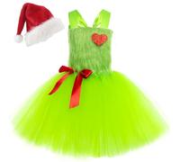 Kolegrial Bambina Grinch Costume Cosplay Christmas Grinch Verde Tulle Vestito con Cappello di Babbo Natale per Natale Carnevale Halloween Festa Compleanno Mascherata Abito da Ballo, 1-14 Anni