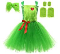 Kolegrial Bambina Grinch Costume Cosplay Christmas Grinch Verde Tulle Vestito con Fermaglio Manica Scaldamuscoli per Natale Carnevale Halloween Festa Compleanno Mascherata Abito da Ballo, 2-12 Anni