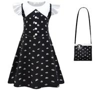 Kolegrial Bambina mercoledì Costume Cosplay Season 2 Nevermore Academy mercoledì Stampa Vestito e Borsa per Bambino Carnevale Halloween Party Abito da Ballo, 3-8 Anni