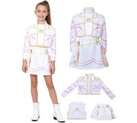 Kolegrial Bambina Mira Costume Cosplay Demone Cacciatore Mira Bianco Performance Show Stampato Uniforme Giacca e Top Gonna Set 3 pezzi per Carnevale Halloween Festa Mascherata Costume