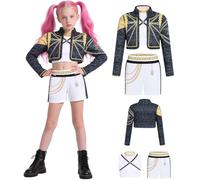 Kolegrial Bambina Rumi Costume Cosplay Demone Cacciatore Rumi Nero Bianco Performance Show Stampato Uniforme Giacca e Top Pantalone Set 3 pezzi per Carnevale Halloween Festa Mascherata Costume