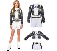 Kolegrial Bambina Rumi Costume Cosplay Demone Cacciatore Rumi Nero Bianco Performance Show Stampato Uniforme Top e Pantalone Set 2 pezzi per Carnevale Halloween Festa Mascherata Costume