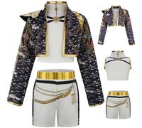 Kolegrial Bambina Rumi Costume Cosplay Demone Cacciatore Rumi Performance Show Anime Uniforme Capispalla e Top Pantaloni Set 3 pezzi per Carnevale Halloween Festa Mascherata Costume, 4-12 anni