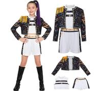 Kolegrial Bambina Rumi Costume Cosplay Demone Cacciatore Rumi Performance Show Stampato Uniforme Giacca e Top Pantalone Set 3 pezzi per Carnevale Halloween Festa Mascherata Costume, Nero Bianco