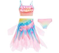 Kolegrial Bambina Sirena Costume da Bagno Set 3 Pezzi Arcobaleno Stampe Volant Camisole e Gonna Pantaloncini per Hawaii Spiaggia Spa Vacanza Pool Party Bikini Costume da Bagno, 3-10 Anni