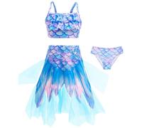 Kolegrial Bambina Sirena Costume da Bagno Set 3 Pezzi Azzurro Stampe Volant Camisole e Gonna Pantaloncini per Hawaii Spiaggia Spa Vacanza Pool Party Bikini Costume da Bagno, 3-10 Anni