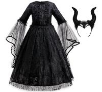 Kolegrial Bambina Strega Costume Cosplay Fiaba Strega Nero Lungo Pizzo Vestito con Copricapo per Carnevale Halloween Festa Mascherata Performance Fancy Gioco di Ruolo Costume, 3-13 Anni