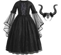Kolegrial Bambina Strega Costume Cosplay Fiaba Strega Nero Lungo Pizzo Vestito con Copricapo per Carnevale Halloween Festa Mascherata Performance Fancy Gioco di Ruolo Costume