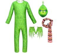 Kolegrial Bambino Grinch Costume Cosplay Christmas Grinch Verde Manica Lunga Stampa con Maschera Sciarpa Guanti Body per Fancy Dress Up Natale Carnevale Halloween Festa Compleanno Mascherata Costume