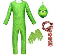 Kolegrial Bambino Grinch Costume Cosplay Christmas Grinch Verde Manica Lunga Stampa con Maschera Sciarpa Guanti Body per Fancy Dress Up Natale Carnevale Halloween Festa Compleanno Mascherata Costume