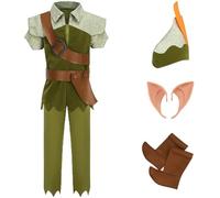 Kolegrial Bambino Peter-Pan Costume Cosplay Peter-Pan Elfo Outfit con Cappello Orecchie da Elfo Set 7 Pezzi per Fancy Dress Up Natale Carnevale Halloween Festa Compleanno Mascherata Costume, 3-12 anni