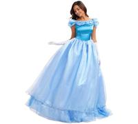 Kolegrial Cenerentola Costume Donna Cosplay Cinderella Blu Lungo Farfalla Tulle Vestito da Sera con Guanti per Natale Carnevale Halloween Festa Compleanno Mascherata Principessa Abito da Ballo