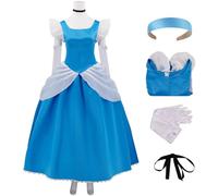 Kolegrial Cenerentola Costume Donna Cosplay Fiabe Cenerentola Principessa Blu Lungo Vestito da Sera con Fascia Collana Guanti per Natale Carnevale Halloween Festa Compleanno Mascherata Abito da Ballo