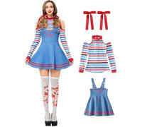 Kolegrial Chucky Costume Donna Cosplay Horror Bambola Chucky Outfit Set Righe Top e Gonna con Nastro per Carnevale Halloween Festa Mascherata Costume